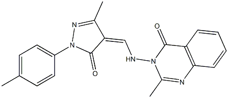 2-methyl-3-({[3-methyl-1-(4-methylphenyl)-5-oxo-1,5-dihydro-4H-pyrazol-4-ylidene]methyl}amino)-4(3H)-quinazolinone Struktur