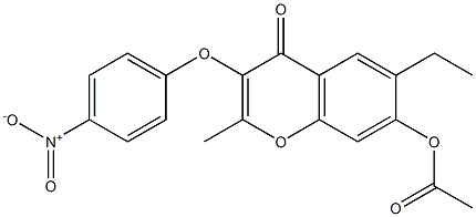 6-ethyl-3-{4-nitrophenoxy}-2-methyl-4-oxo-4H-chromen-7-yl acetate Struktur