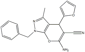 6-amino-1-benzyl-4-(2-furyl)-3-methyl-1,4-dihydropyrano[2,3-c]pyrazole-5-carbonitrile Struktur