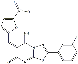 6-({5-nitro-2-furyl}methylene)-5-imino-2-(3-methylphenyl)-5,6-dihydro-7H-[1,3,4]thiadiazolo[3,2-a]pyrimidin-7-one Struktur