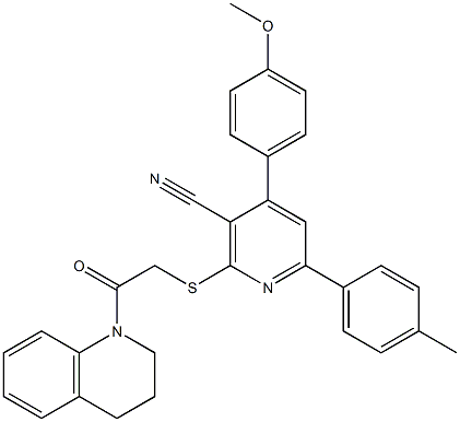 2-{[2-(3,4-dihydro-1(2H)-quinolinyl)-2-oxoethyl]sulfanyl}-4-(4-methoxyphenyl)-6-(4-methylphenyl)nicotinonitrile Struktur