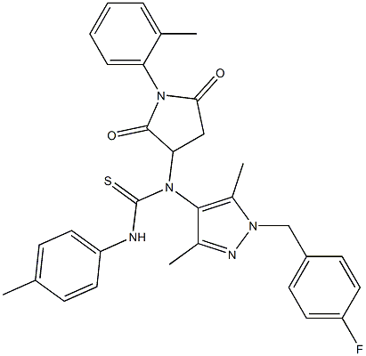 N-[1-(4-fluorobenzyl)-3,5-dimethyl-1H-pyrazol-4-yl]-N'-(4-methylphenyl)-N-[1-(2-methylphenyl)-2,5-dioxo-3-pyrrolidinyl]thiourea Struktur