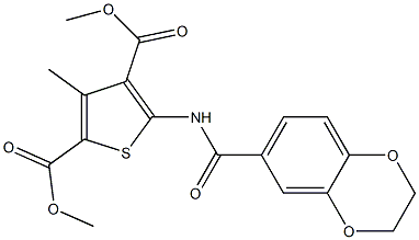 dimethyl 5-[(2,3-dihydro-1,4-benzodioxin-6-ylcarbonyl)amino]-3-methyl-2,4-thiophenedicarboxylate Struktur