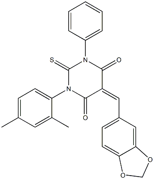 5-(1,3-benzodioxol-5-ylmethylene)-1-(2,4-dimethylphenyl)-3-phenyl-2-thioxodihydro-4,6(1H,5H)-pyrimidinedione Struktur