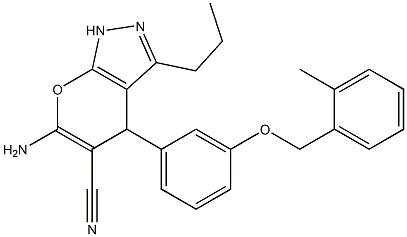 6-amino-4-{3-[(2-methylbenzyl)oxy]phenyl}-3-propyl-1,4-dihydropyrano[2,3-c]pyrazole-5-carbonitrile Struktur