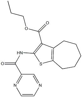 propyl 2-[(2-pyrazinylcarbonyl)amino]-5,6,7,8-tetrahydro-4H-cyclohepta[b]thiophene-3-carboxylate Struktur