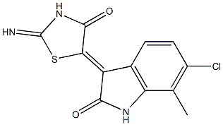 6-chloro-3-(2-imino-4-oxo-1,3-thiazolidin-5-ylidene)-7-methyl-1,3-dihydro-2H-indol-2-one Struktur