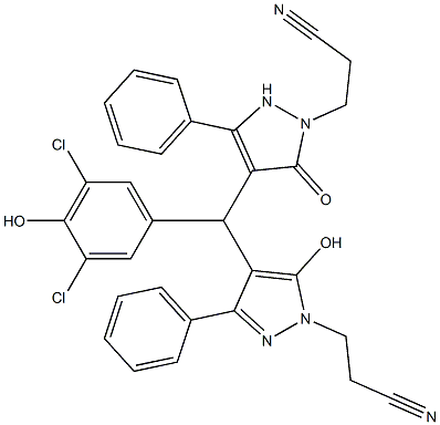 3-{4-[[1-(2-cyanoethyl)-5-hydroxy-3-phenyl-1H-pyrazol-4-yl](3,5-dichloro-4-hydroxyphenyl)methyl]-5-oxo-3-phenyl-2,5-dihydro-1H-pyrazol-1-yl}propanenitrile Struktur