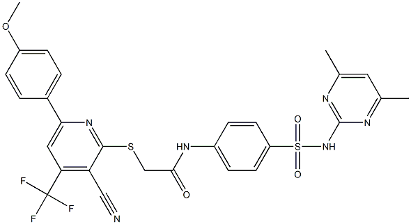 2-{[3-cyano-6-(4-methoxyphenyl)-4-(trifluoromethyl)pyridin-2-yl]sulfanyl}-N-(4-{[(4,6-dimethylpyrimidin-2-yl)amino]sulfonyl}phenyl)acetamide Struktur