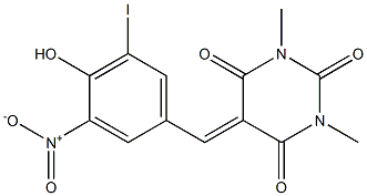 5-{4-hydroxy-3-nitro-5-iodobenzylidene}-1,3-dimethyl-2,4,6(1H,3H,5H)-pyrimidinetrione Struktur