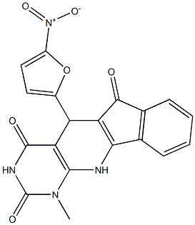 5-{5-nitro-2-furyl}-1-methyl-5,11-dihydro-1H-indeno[2',1':5,6]pyrido[2,3-d]pyrimidine-2,4,6(3H)-trione Struktur