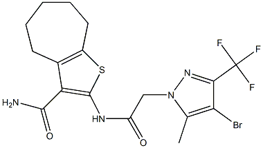 2-({[4-bromo-5-methyl-3-(trifluoromethyl)-1H-pyrazol-1-yl]acetyl}amino)-5,6,7,8-tetrahydro-4H-cyclohepta[b]thiophene-3-carboxamide Struktur