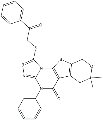 7,7-dimethyl-1-[(2-oxo-2-phenylethyl)sulfanyl]-4-phenyl-6,9-dihydro-7H-pyrano[4',3':4,5]thieno[3,2-e][1,2,4]triazolo[4,3-a]pyrimidin-5(4H)-one Struktur