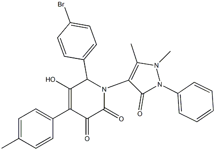 6-(4-bromophenyl)-1-(1,5-dimethyl-3-oxo-2-phenyl-2,3-dihydro-1H-pyrazol-4-yl)-5-hydroxy-4-(4-methylphenyl)-1,6-dihydro-2,3-pyridinedione Struktur