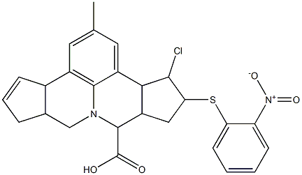 4-chloro-5-({2-nitrophenyl}sulfanyl)-2-methyl-3b,4,5,6,6a,7,9,9a,10,12a-decahydrocyclopenta[c]cyclopenta[4,5]pyrido[3,2,1-ij]quinoline-7-carboxylic acid Struktur