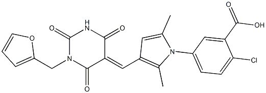 2-chloro-5-{3-[(1-(2-furylmethyl)-2,4,6-trioxotetrahydro-5(2H)-pyrimidinylidene)methyl]-2,5-dimethyl-1H-pyrrol-1-yl}benzoic acid Struktur