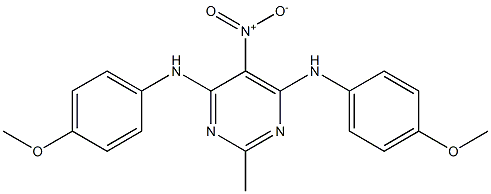 5-nitro-4,6-bis(4-methoxyanilino)-2-methylpyrimidine Struktur