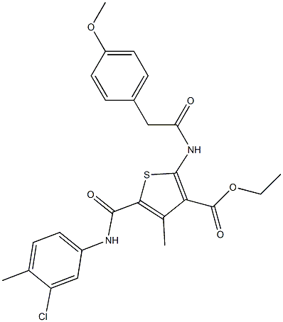 ethyl 5-[(3-chloro-4-methylanilino)carbonyl]-2-{[(4-methoxyphenyl)acetyl]amino}-4-methyl-3-thiophenecarboxylate Struktur