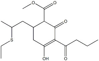 3-Butyryl-6-(2-ethylthiopropyl)-4-hydroxy-2-oxo-3-cyclohexene-1-carboxylic acid methyl ester Struktur