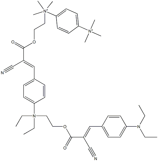 N,N'-Bis[2-[[2-cyano-3-[4-(diethylamino)phenyl]-1-oxo-2-propenyl]oxy]ethyl]-N,N,N',N'-tetramethyl-1,4-benzenebis(methanaminium) Struktur