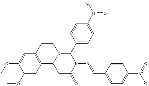 3-(4-Nitrobenzylideneamino)-4-(4-nitrophenyl)-9,10-dimethoxy-1,3,4,6,7,11b-hexahydro-2H-pyrimido[6,1-a]isoquinolin-2-one Struktur