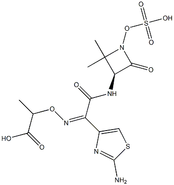 2-[[[(Z)-1-(2-Aminothiazol-4-yl)-2-[[(3S)-2,2-dimethyl-4-oxo-1-(sulfooxy)azetidin-3-yl]amino]-2-oxoethylidene]amino]oxy]propionic acid Struktur