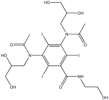 3,5-Bis[acetyl(2,3-dihydroxypropyl)amino]-2,4,6-triiodo-N-(2-hydroxyethyl)benzamide Struktur