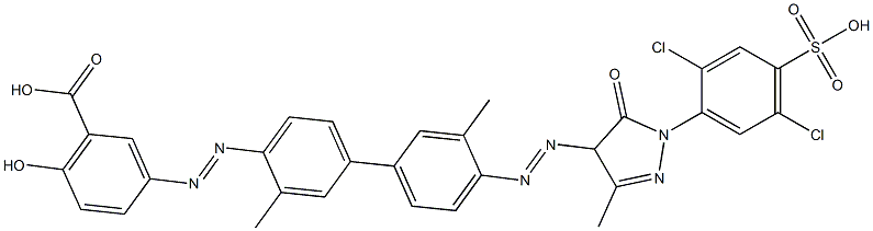 3,3'-Dimethyl-4-(4-hydroxy-5-carboxyphenylazo)-4'-[4,5-dihydro-3-methyl-1-(2,5-dichloro-4-sulfophenyl)-5-oxo-1H-pyrazol-4-ylazo]biphenyl Struktur