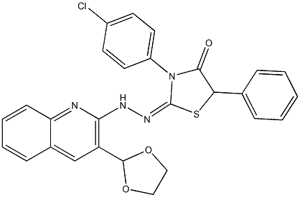 2-[2-[3-(1,3-Dioxolane-2-yl)quinoline-2-yl]hydrazono]-3-(4-chlorophenyl)-5-phenylthiazolidine-4-one Struktur