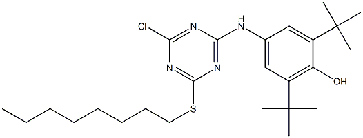 6-[3,5-Di(tert-butyl)-4-hydroxyanilino]-4-chloro-2-(octylthio)-1,3,5-triazine Struktur