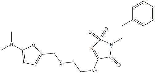 2,3-Dihydro-3-oxo-2-(2-phenylethyl)-4-[[2-[[5-(dimethylamino)furan-2-yl]methylthio]ethyl]amino]-1,2,5-thiadiazole 1,1-dioxide Struktur