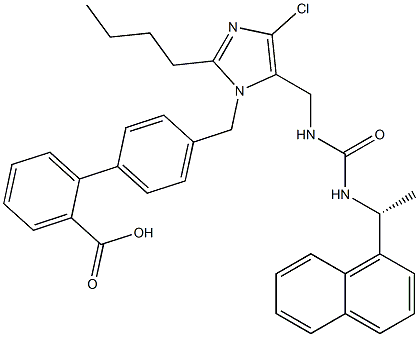 4'-[[2-Butyl-4-chloro-5-[3-[(R)-1-(1-naphthalenyl)ethyl]ureidomethyl]-1H-imidazol-1-yl]methyl]-1,1'-biphenyl-2-carboxylic acid Struktur