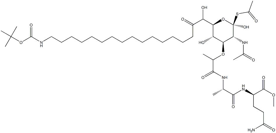 N2-[N-[N-Acetyl-1-(acetylthio)-6-[16-[[(tert-butoxy)carbonyl]amino]hexadecanoyl]muramoyl]-L-alanyl]-D-glutamine methyl ester Struktur