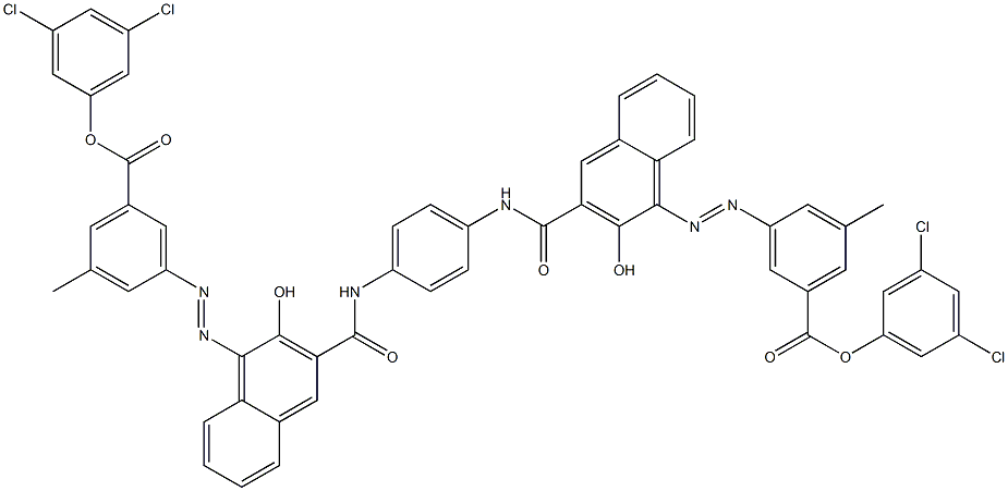 1,4-Bis[1-[[3-methyl-5-(3,5-dichlorophenoxycarbonyl)phenyl]azo]-2-hydroxy-3-naphthoylamino]benzene Struktur