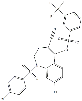 8-chloro-1-[(4-chlorophenyl)sulfonyl]-4-cyano-2,3-dihydro-1H-1-benzazepin-5-yl 3-(trifluoromethyl)benzene-1-sulfonate Struktur