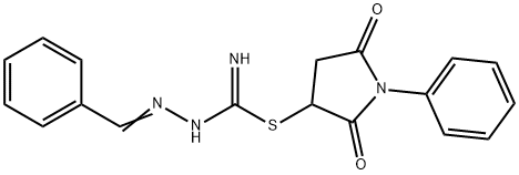 2,5-dioxo-1-phenyl-3-pyrrolidinyl 2-benzylidenehydrazinecarbimidothioate Struktur