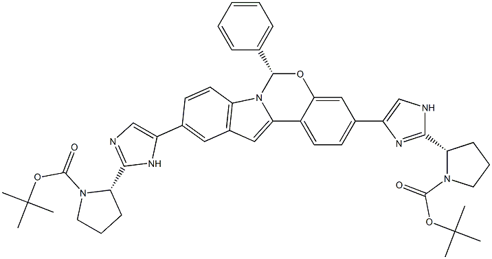 tert-butyl (2S)-2-{4-[(6S)-10-{2-[(2S)-1-(tert-butoxycarbonyl)pyrrolidin-2-yl]-1H-imidazol-5-yl}-6-phenylindolo[1,2-c][1,3]benzoxazin-3-yl]-1H-imidazol-2-yl}pyrrolidine-1-carboxylate Struktur