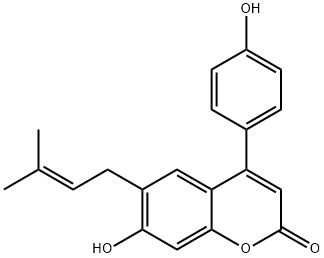 2H-1-Benzopyran-2-one, 7-hydroxy-4-(4-hydroxyphenyl)-6-(3-methyl-2-buten-1-yl)- Struktur