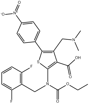 2-((2,6-difluorobenzyl)(ethoxycarbonyl)amino)-4-((dimethylamino)methyl)-5-(4-nitrophenyl)thiophene-3-carboxylic acid