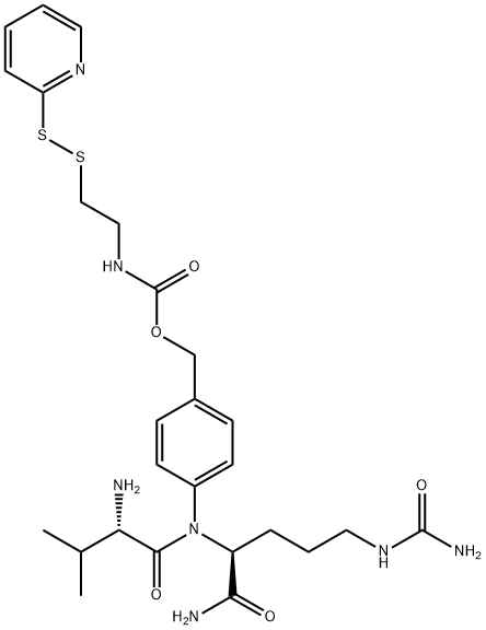 [4-[[(2S)-2-[[(2S)-2-amino-3-methylbutanoyl]amino]-5-(carbamoylamino)pentanoyl]amino]phenyl]methyl N-[2-(pyridin-2-yldisulfanyl)ethyl]carbamate Struktur