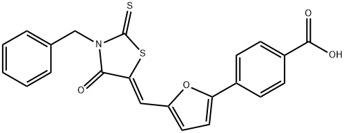 Benzoic acid, 4-[5-[(Z)-[4-oxo-3-(phenylmethyl)-2-thioxo-5-thiazolidinylidene]methyl]-2-furanyl]- Struktur