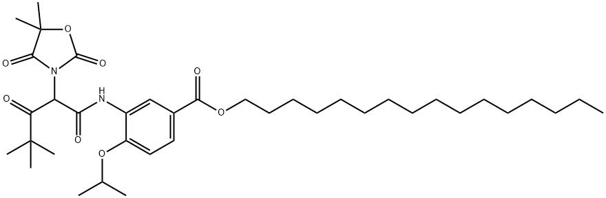 hexadecyl 3-[2-(5,5-dimethyl-2,4-dioxo-1,3-oxazolidin-3-yl)-4,4-dimethyl-3-oxovaleramido]-4-isopropoxybenzoate Struktur