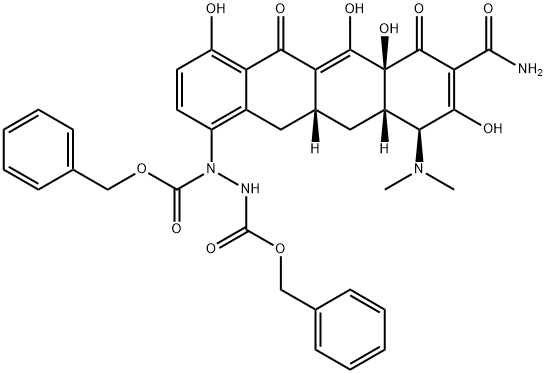 1,2-Hydrazinedicarboxylic acid, 1-[(6aS,10S,10aS,11aR)-8-(aminocarbonyl)-10-(dimethylamino)-5,6a,7,10,10a,11,11a,12-octahydro-4,6,6a,9-tetrahydroxy-5,7-dioxo-1-naphthacenyl]-, 1,2-bis(phenylmethyl) ester Struktur