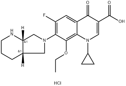 1-cyclopropyl-8-ethoxy-6-fluoro-7-((4aS,7aS)-octahydro-6H-pyrrolo[3,4-b]pyridin-6-yl)-4-oxo-1,4-dihydroquinoline-3-carboxylic acid hydrochloride
 Struktur