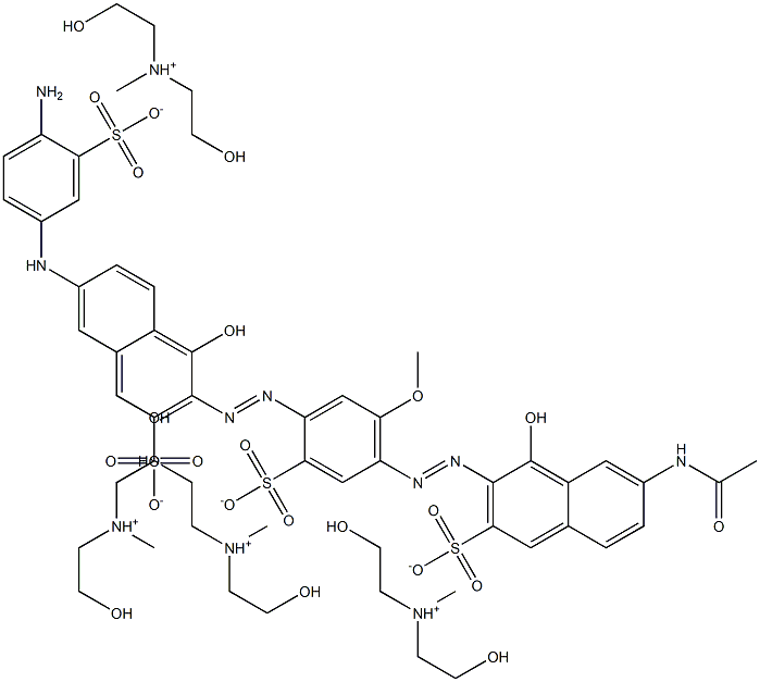 tetrakis(bis(2-hydroxyethyl)methylammonium) 3-(4-(7-acetylamino-1-hydroxy-3-sulfonatonaphthalen-2-ylazo)-5-methoxy-2-sulfonatophenylazo)-7-(4-amino-3-sulfonatophenylamino)-4-hydroxynaphthalene-2-sulfonate Struktur