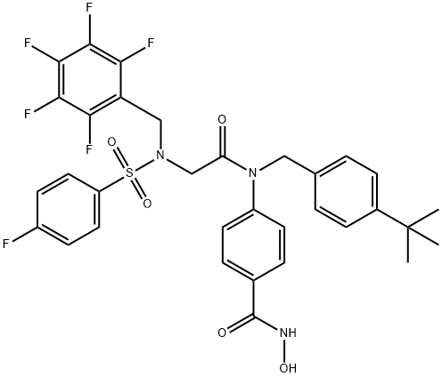 Benzamide, 4-[[[4-(1,1-dimethylethyl)phenyl]methyl][2-[[(4-fluorophenyl)sulfonyl][(2,3,4,5,6-pentafluorophenyl)methyl]amino]acetyl]amino]-N-hydroxy- Struktur