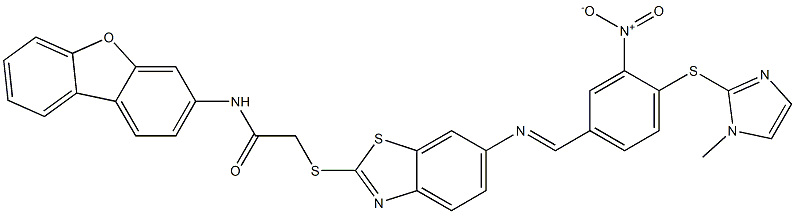 N-dibenzo[b,d]furan-3-yl-2-{[6-({3-nitro-4-[(1-methyl-1H-imidazol-2-yl)sulfanyl]benzylidene}amino)-1,3-benzothiazol-2-yl]sulfanyl}acetamide Struktur