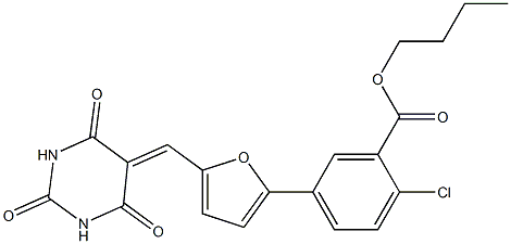 butyl 2-chloro-5-{5-[(2,4,6-trioxotetrahydro-5(2H)-pyrimidinylidene)methyl]-2-furyl}benzoate Struktur