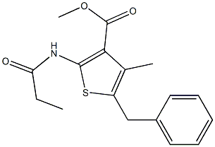 methyl 5-benzyl-4-methyl-2-(propionylamino)-3-thiophenecarboxylate Struktur