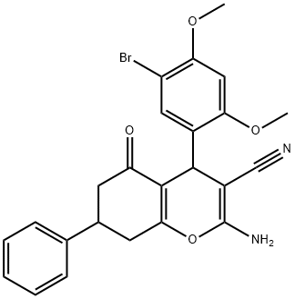 2-amino-4-[5-bromo-2,4-bis(methyloxy)phenyl]-5-oxo-7-phenyl-5,6,7,8-tetrahydro-4H-chromene-3-carbonitrile Struktur